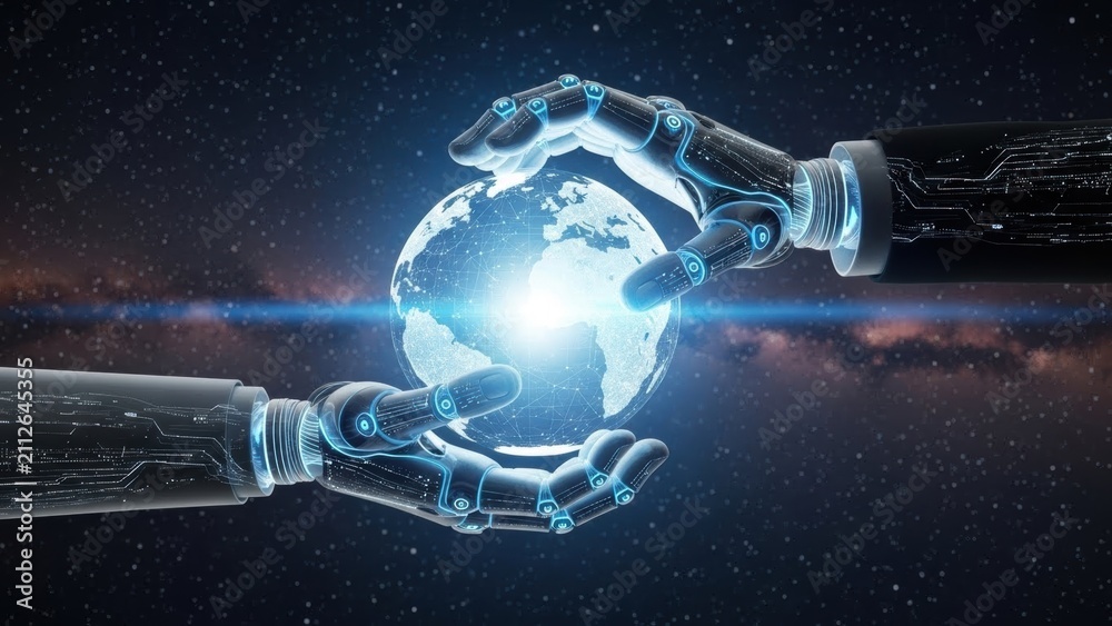 Naklejka premium Futuristic robot hands holding globe with digital circuitry on a starry galaxy background