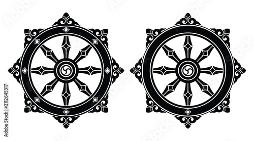 Foto Buddhist Wheel Of Dharma Illustration Black And White Vector Design