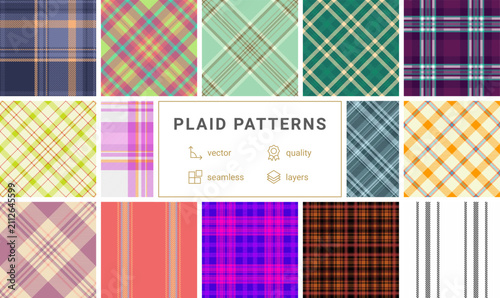 Seasonal plaid bundle designed for catalogs. Autumn tartan patterns frame product pages. Seamless vectors align content.