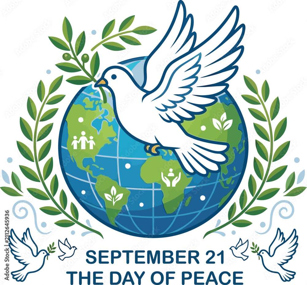 Obraz premium International Day of Peace emblem. Dove with olive branch over globe vector illustration.