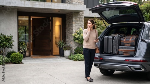 Woman loading car for travel near modern home. A woman stands next to the open trunk of a car filled with luggage, seemingly preparing for a journey and thinking if she forget something.