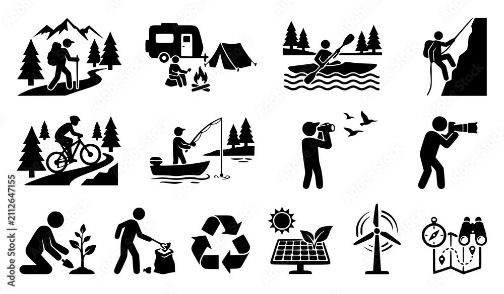 Fototapeta premium Nature Adventure and Environmental Activity Silhouette Collection Vector Icons on White Background