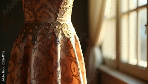 Elegant dress displayed near window with soft sunlight illuminating fabric and intricate design. Dress showcases delicate fabric details and refined artistry,