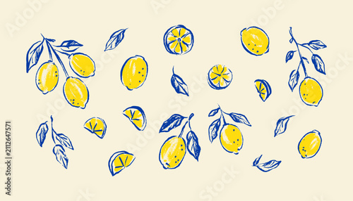 Hand drawn doodle crayon lemon fruit, leaves, branch tree set. Blue and yellow pencil scribble lemons. Italian summer, Amalfi, Sicily pastel, paint, watercolor design element. Mediterranean food