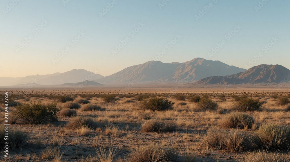 Naklejka premium Vast arid desert landscape stretches towards hazy mountains under clear sky. Dry brush and grasses dot the terrain, showing an open, remote, and peaceful natural environment.