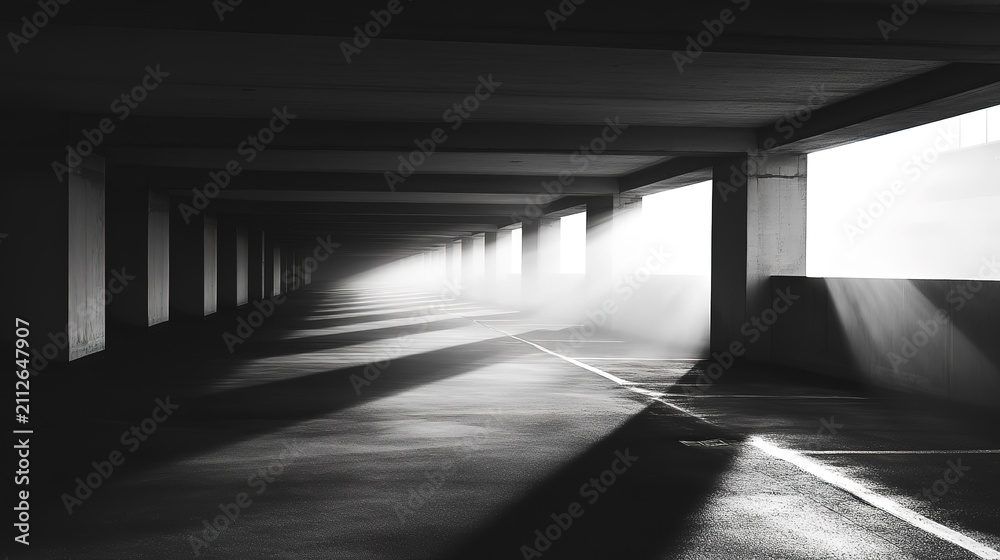 Naklejka premium Monochrome sunlit empty parking garage with long shadows and atmospheric lighting