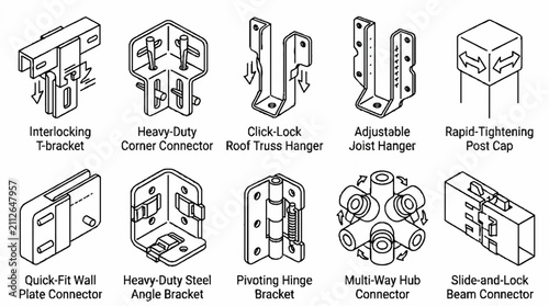 A collection of various metal construction hardware connectors and brackets for building and framing.