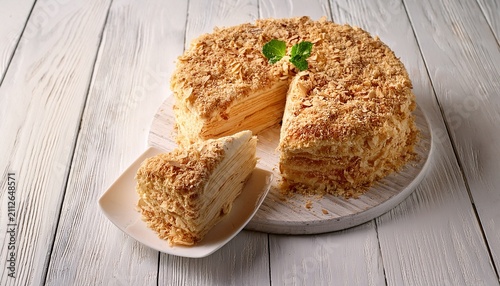 sliced napoleon cake on a white wooden table classic dessert