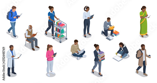 Library visitors and students vector set reading, studying, working on laptops and pushing book carts | Isometric illustration