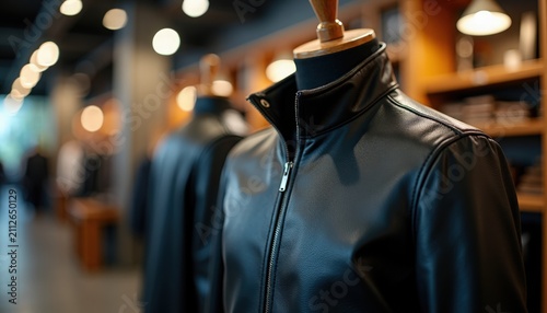 Stylish black leather jacket displayed on mannequin in modern retail shop, showcasing sleek design and craftsmanship, valuable piece for fashion enthusiasts and clothing stores.