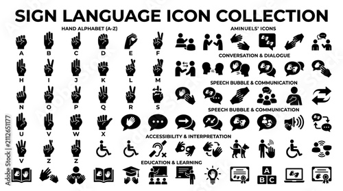 A comprehensive collection of black and white sign language icons and educational communication symbols featuring hand alphabets and accessibility signs for inclusive learning and interaction