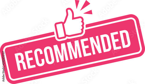 Recommended pink stamp icon, thumbs up approval sign, pink vector badge
