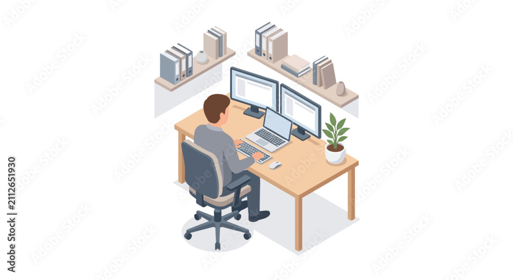Fototapeta premium Isometric illustration of a man working at a modern office desk
