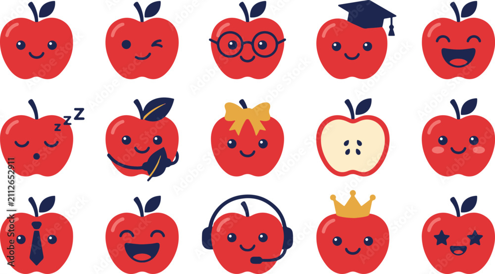 Fototapeta premium Set of cute cartoon apple characters with various expressions for teacher's day celebration and educational school projects