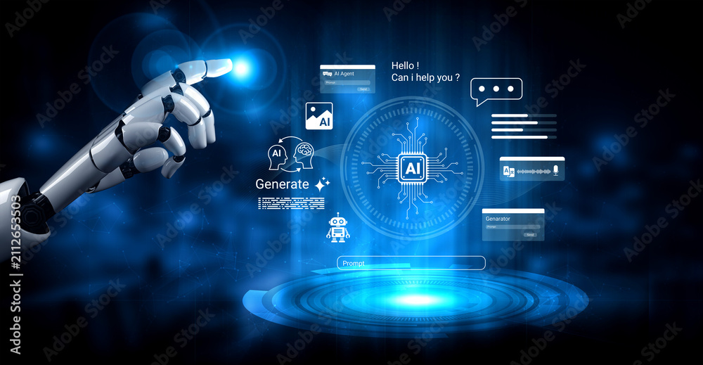 Fototapeta premium A captivating image showcasing a robotic hand interacting with a vibrant AI interface, illustrating the future of communication and advanced technology driven by artificial intelligence. Ledger