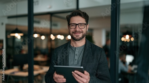 Happy young business man executive holding pad computer at work. Male professional employee using digital tablet fintech device standing in office checking financial online market data