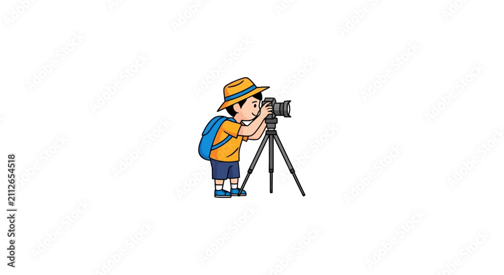 Fototapeta premium Cartoon boy photographer using camera on tripod.