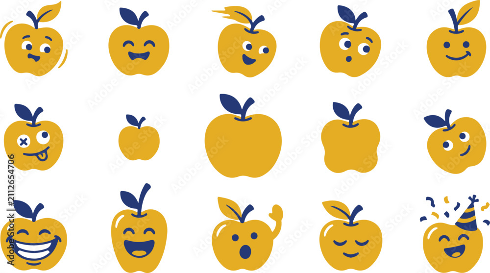 Fototapeta premium Set of cute yellow apple characters with various facial expressions for teacher's day celebration and school education design