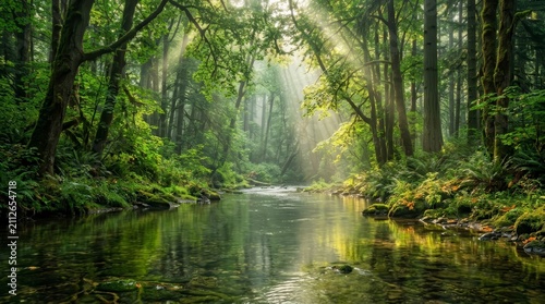 Serene green forest river landscape with sunlight and peaceful tranquil nature scene.