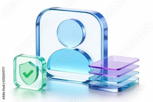3D user profile icon with security shield and layered cards for digital identity