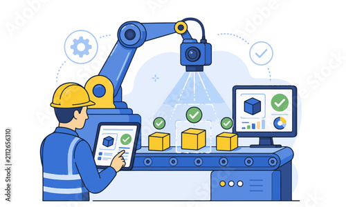 Artificial Intelligence AI Technology Flat Vector Illustration with Robot, Machine Learning and Automation Icons
