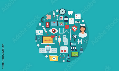 health icons Modern Healthcare and Medical Technology Flat Vector Illustration with Doctor, Hospital, Heart and Health Icons