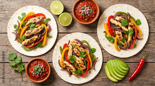 Three flour tortillas filled with grilled chicken strips, colorful bell peppers, and onions, served with salsa, lime wedges, and sliced avocado