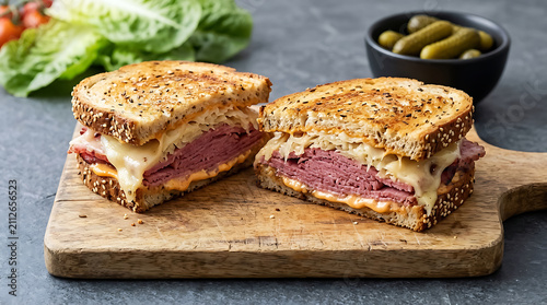 Two halves of a toasted reuben sandwich with corned beef, sauerkraut, and melted cheese on a wooden cutting board with pickles and lettuce