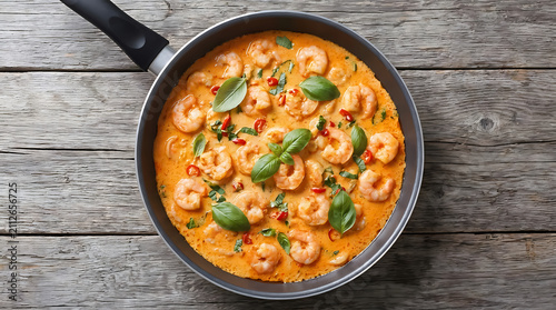 View of a skillet filled with creamy shrimp curry sauce, garnished with fresh green basil leaves and red chili slices on a rustic wooden table