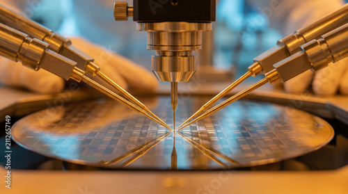 This beautiful and highly detailed stock photograph captures tiny metallic testing probes touching a semiconductor wafer to check electrical circuits in a clean lab now.