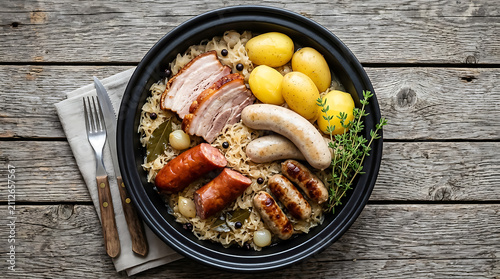 Traditional german sauerkraut with sliced pork belly, sausages, boiled potatoes, and fresh thyme served in a black bowl on a wooden table surface
