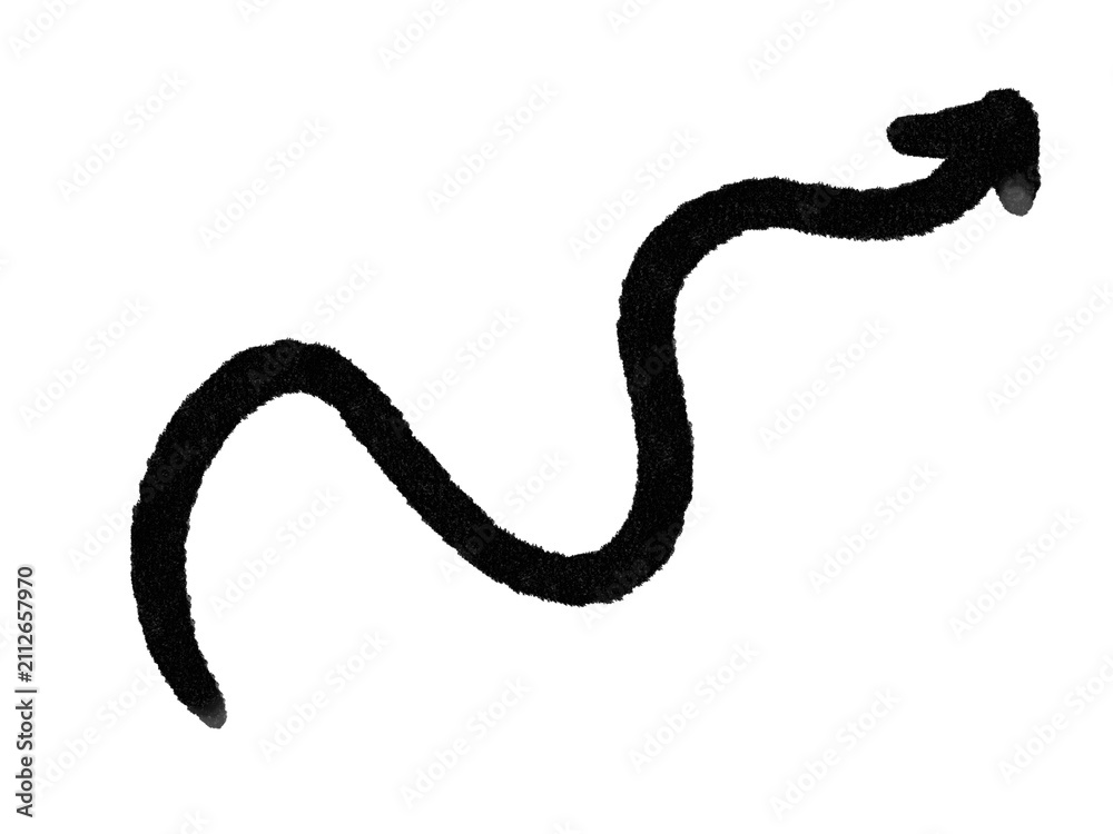 Fototapeta premium Hand drawn black curved arrow isolated on white background. Brush marker doodle direction icon for annotations, presentations, social media, planners, infographics and design elements.