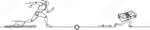 robot running and chasing after run away money. Future technology development. Artificial intelligence and machine learning.one line vector drawing