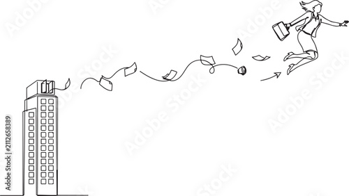 Фотография Single continuous line drawing unlucky businesswoman falling from sky