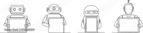 Bild auf Leinwand one line drawing of four robots holding four separate blank marketing boards