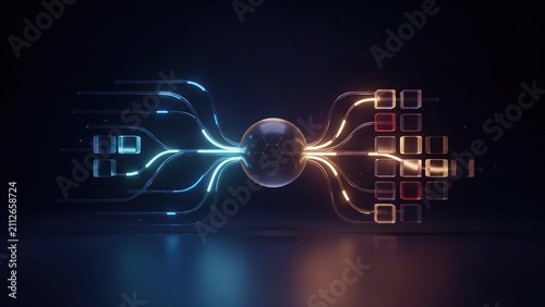 Central glass sphere acts as a bridge for complex data pathways connecting various glowing digital cube modules.