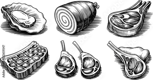 Foto Vintage meat products flat vector illustration