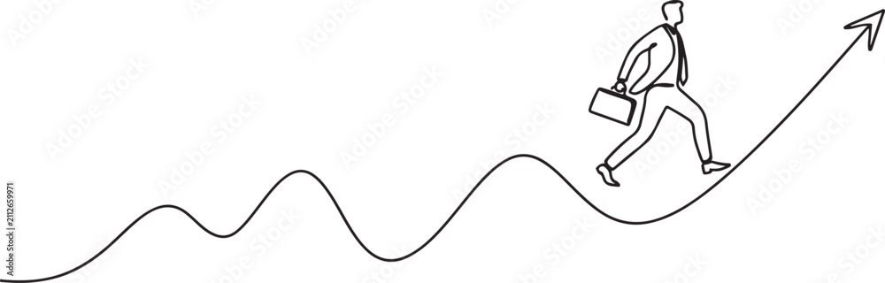 Obraz premium businessman walking on wavy upward arrow. Symbolize a challenging career path for a business concept.one line vector drawing