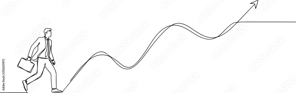 Fototapeta premium businessman walking on wavy upward arrow. Symbolize a challenging career path for a business concept.one line vector drawing