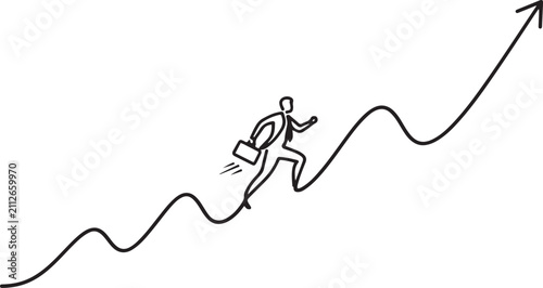 Photography businessman walking on wavy upward arrow
