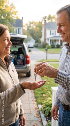 Homeowner handing over keys: A smiling homeowner hands a set of keys to a new resident, symbolizing a new beginning and the transfer of property ownership.