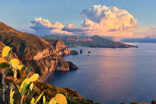 Canvas Print View from Belvedere Quattrocchi on Lipari island looking towards Vulcano, Sicily