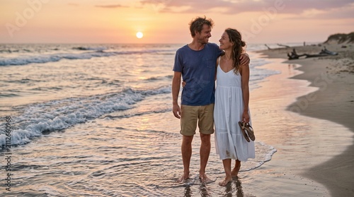 Romantic Beach Stroll at Sunset: A loving couple walks hand-in-hand along a serene beach at sunset, the golden light reflecting on the gentle waves.