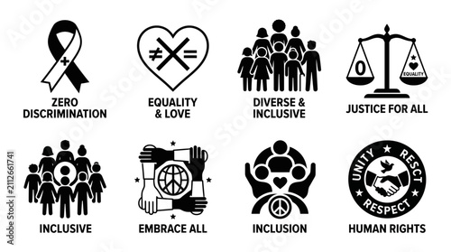 A set of monochromatic vector icons representing human rights, social equality, diversity, inclusion, and justice for all, designed for social campaigns.
