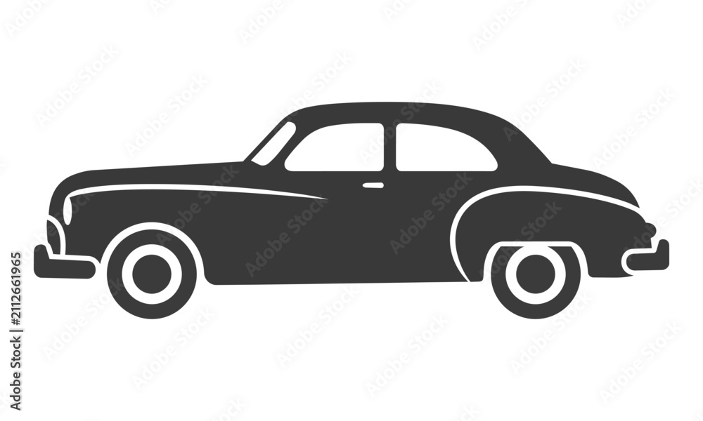 Fototapeta premium Minimalist side profile icon of a classic vintage sedan car with clean aerodynamic lines and simple geometric shapes isolated on a white background automotive concept