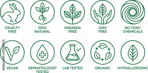 Collection of eco friendly product certification icons with transparent background for natural brands