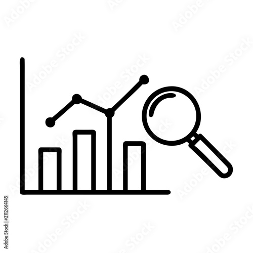 Financial data analysis icon with bar chart and magnifying glass tool.
