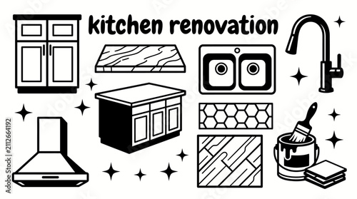kitchen renovation elements featuring cabinets countertops sinks faucets islands backsplashes range hoods flooring and modern remodeling materials vector collection set for interior design home