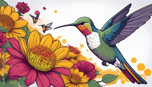 humming bird collecting honey from flowers colourful art graphics