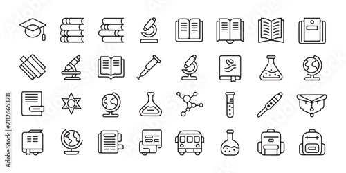 School subjects vector icons for classroom teaching and online education platforms with thin stroke contour design.